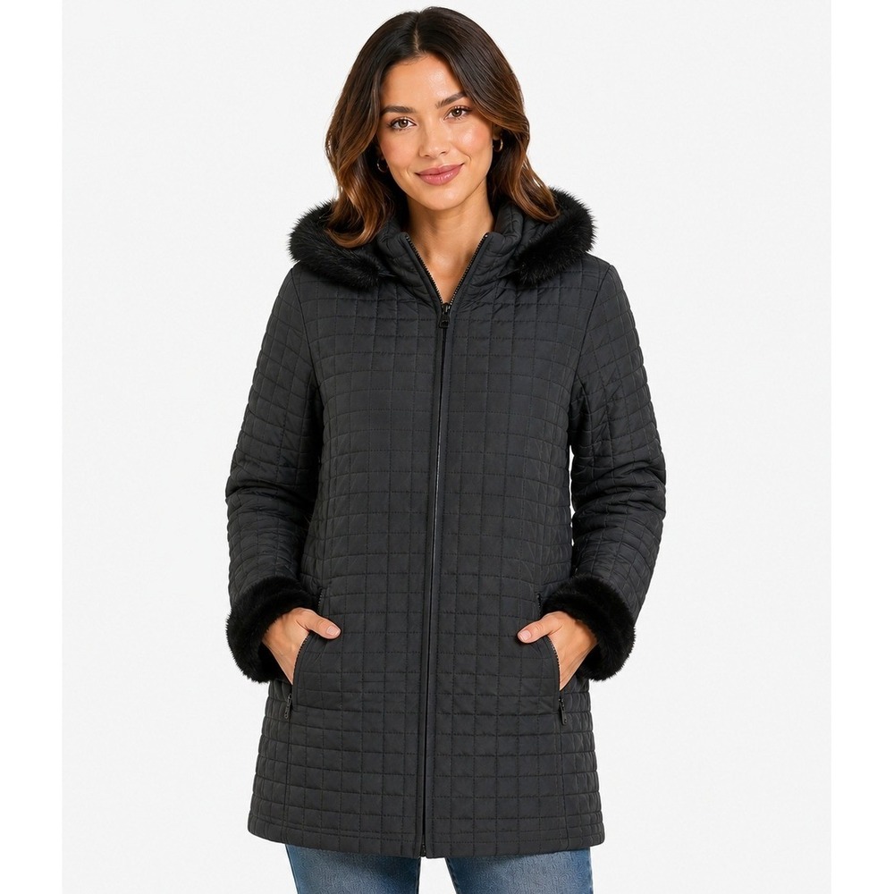 Paradox Quilted Parka Jacket Women XL Black Faux Fur Trim Hooded Full Zip Coat